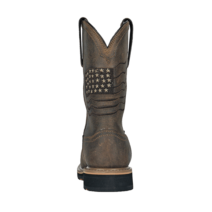 Hoss Rushmore Comp Toe Western Boot in distressed brown leather with embroidered American flag design, back view showing pull straps and heel.