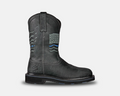 Hoss Rushmore Comp Toe Western Boot in black leather with American flag-inspired stitching and blue accents, side view.