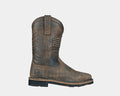Hoss Rushmore Western Rancher boots in brown leather with embossed American flag design, side view showing pull tabs and rugged sole.