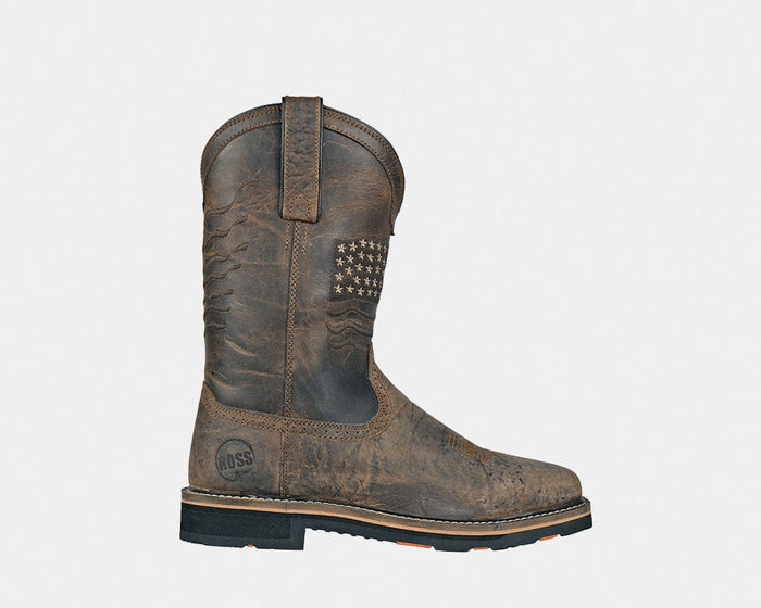 Hoss Rushmore Western Rancher boots in brown leather with embossed American flag design, side view showing pull tabs and rugged sole.