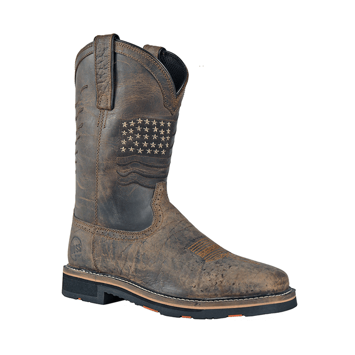 Hoss Rushmore Western Rancher cowboy boots in distressed brown leather with embroidered American flag design and pull tabs, side view.