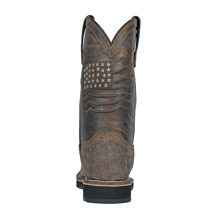 Hoss Rushmore Western Rancher boots back view in distressed brown leather featuring embroidered American flag design.