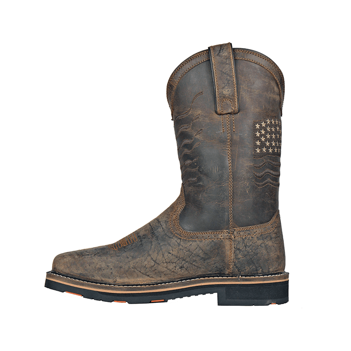 Hoss Rushmore Western Rancher boots in distressed brown leather with American flag embroidery, side view showing pull-on straps and rugged sole.