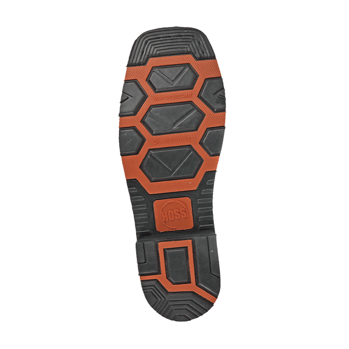 Hoss Rushmore Western Rancher boots outsole in black and orange with oil-resistant tread pattern, bottom view.
