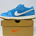 Nike SB Dunk Low Pro University Blue sneaker in blue with white swoosh and gum sole on Nike box
