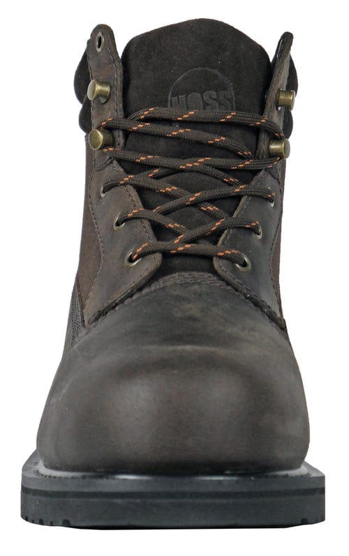 Hoss Scout Steel Toe Boot in brown leather with reinforced toe cap, orange-accented laces, and durable rubber outsole, front view.