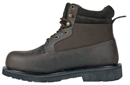 Hoss Scout Steel Toe Boot in dark brown leather with reinforced toe, rugged sole, and lace-up design, side view.