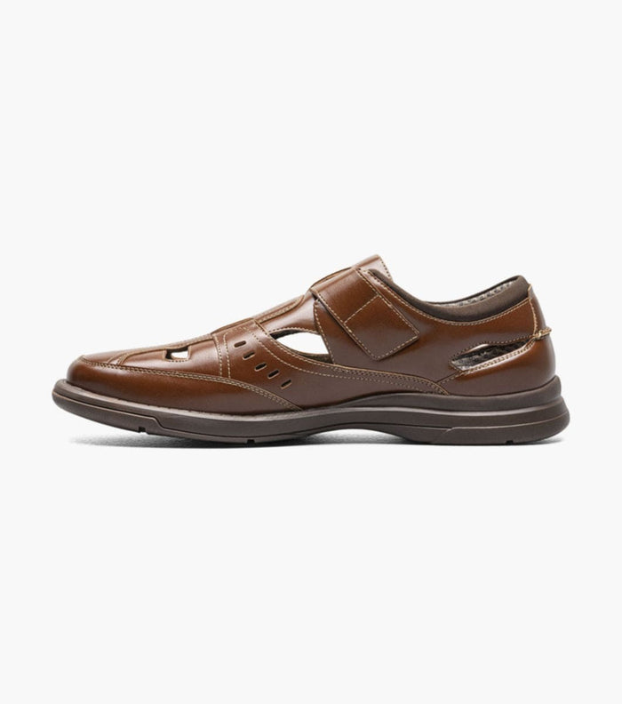 Stacy Adams Scully sandals in brown leather with cutout details and adjustable strap closure, side view.