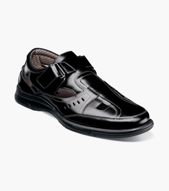 Stacy Adams Scully shoes in black leather with cutout details and adjustable strap, front angle view.