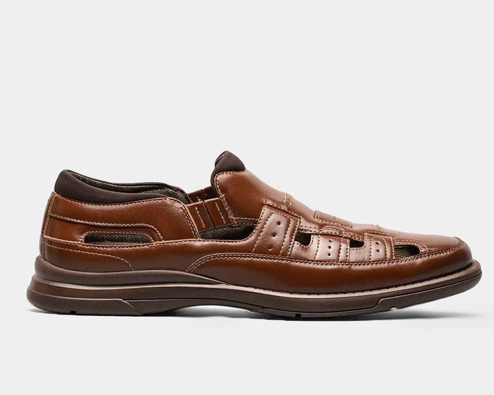 Stacy Adams Sebring sandals in brown leather with cutout design and cushioned sole, side view.