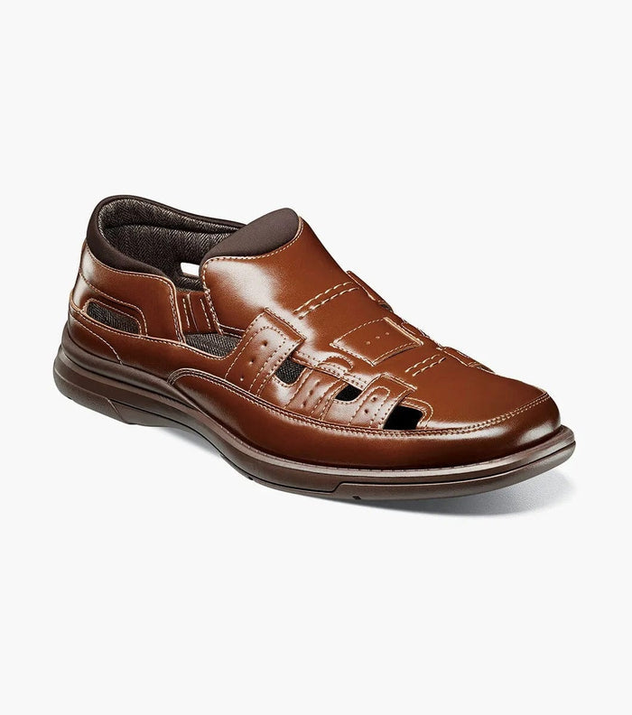 Stacy Adams Sebring brown leather casual shoes with cutout design and cushioned sole, angled front side view.