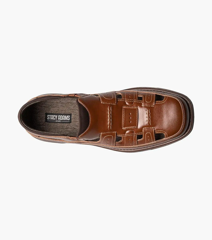 Stacy Adams Sebring sandal in brown leather with woven cutout detailing and square toe, top view.