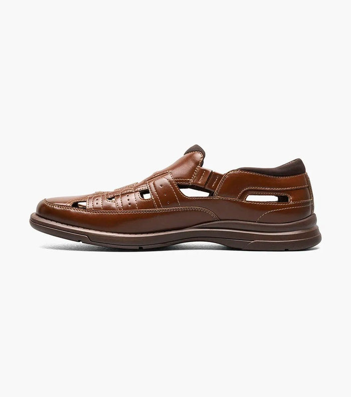 Stacy Adams Sebring sandals in brown leather with cutout details and cushioned sole, side view.