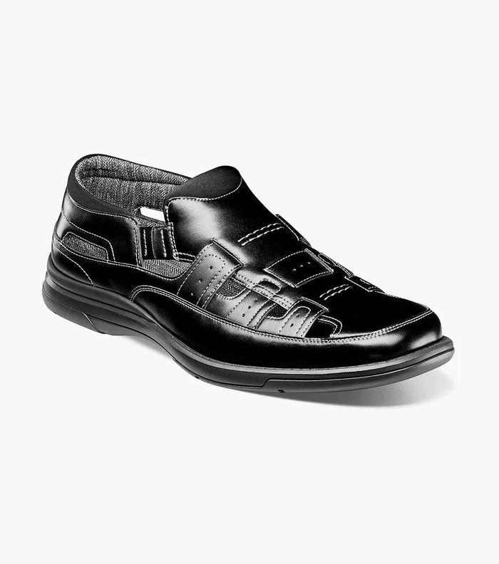 Stacy Adams Sebring shoes in black leather with ventilated cutouts and cushioned sole, angled side view.
