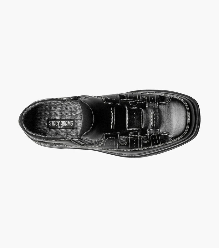 Stacy Adams Sebring shoes in black leather with woven accents and contrast stitching, top view showing insole branding.