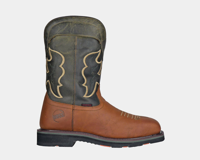 Hoss Showdown Comp Toe Western Boot in brown and olive with embroidered shaft design, waterproof leather, and reinforced sole, side view.