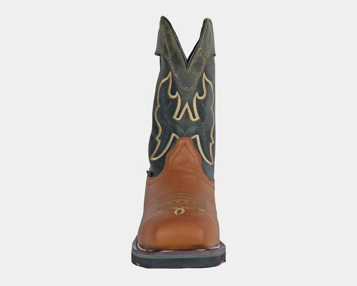 Hoss Showdown Comp Toe Western Boot, front view showing brown leather foot and green shaft with intricate stitching.
