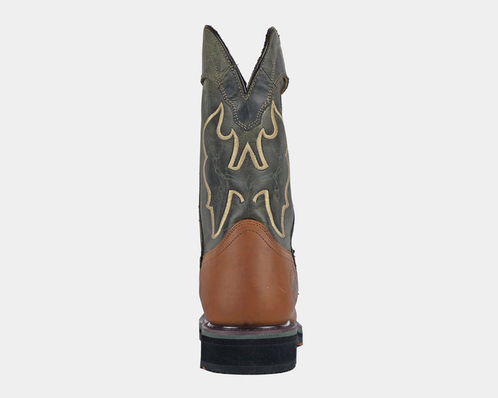 Hoss Showdown Comp Toe Western Boot back view in brown and dark green leather with decorative stitching and reinforced heel.