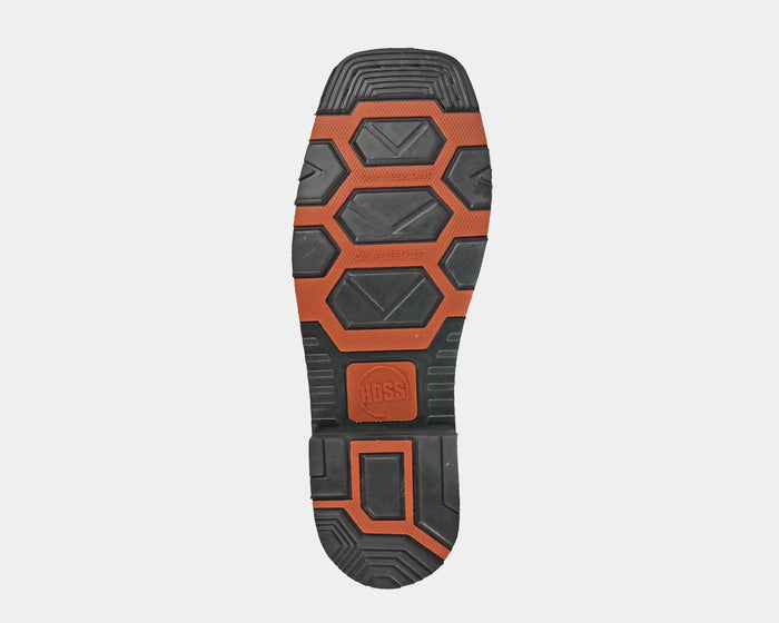 Hoss Showdown Comp Toe Western Boot outsole in black and orange featuring durable tread pattern and oil-resistant design.