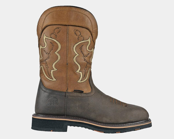 Hoss Showdown Comp Toe Western Boot in brown with embroidered shaft design, leather upper, and durable slip-resistant outsole, side view.