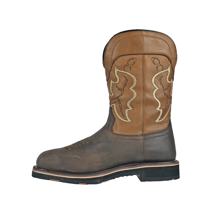 Hoss Showdown Comp Toe Western Boot in brown leather with stitched decorative details and reinforced sole, side view.