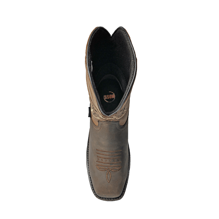 Hoss Showdown Comp Toe Western Boot in brown leather with decorative stitching and square toe, top view.