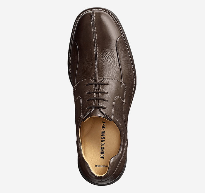 Johnston & Murphy Shuler Bicycle shoes in brown leather with stitched detailing and lace-up design, top view.