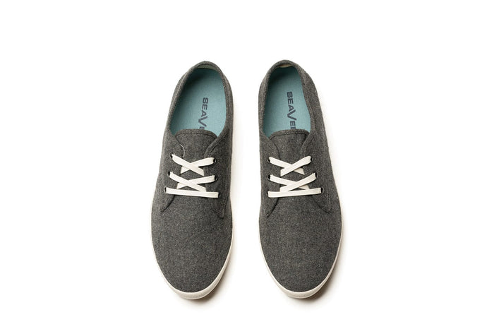SeaVees Sixty Six shoes in charcoal gray with white laces, textured upper, and light blue insoles, top view.