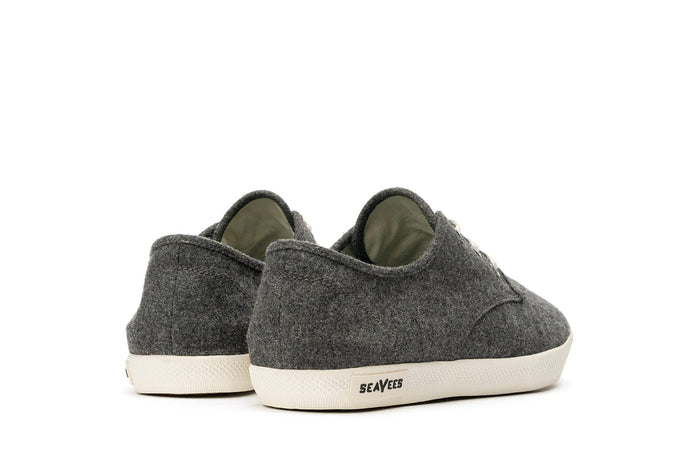 SeaVees Sixty Six casual sneakers in charcoal gray wool with white rubber outsole, back view showing heel branding.