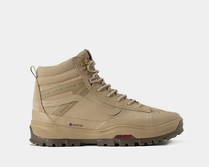 Vans Sk8-Hi GORE-TEX Insulated Shoes in beige with ribbed textile upper, suede accents, rugged All-Trac outsole, and waterproof detailing, side view.