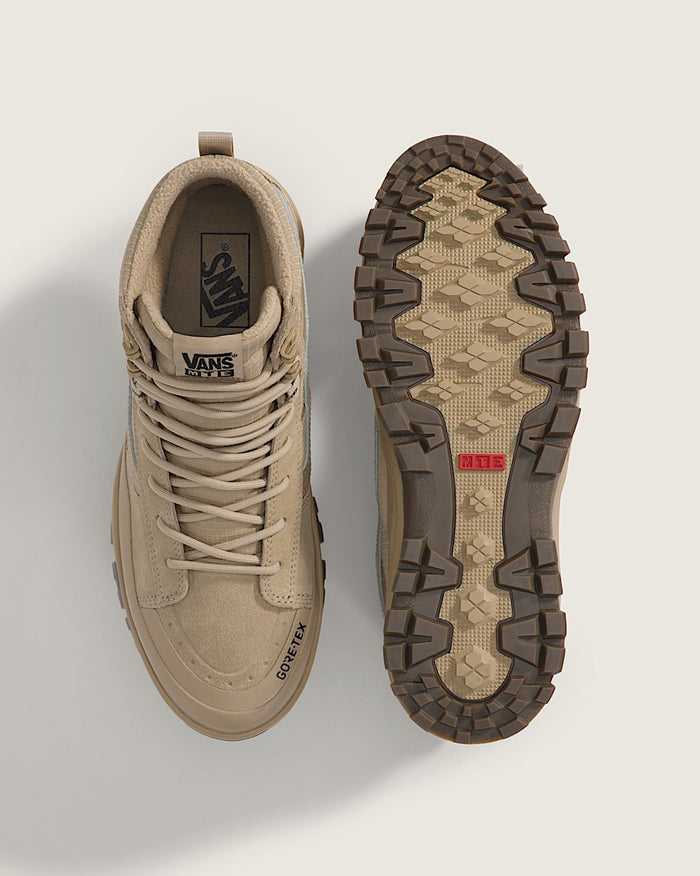 Vans Sk8-Hi GORE-TEX Insulated Shoes in tan with suede upper, GORE-TEX detailing, and rugged rubber outsole, top and sole view.
