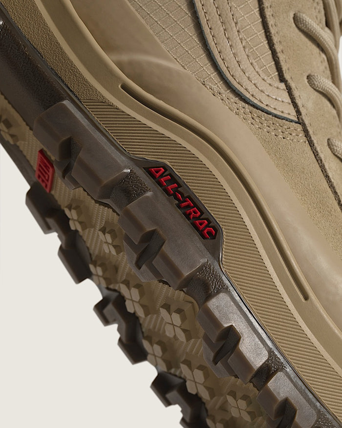 Vans Sk8-Hi GORE-TEX Insulated Shoe close-up of rugged All-Trac outsole and beige suede upper.