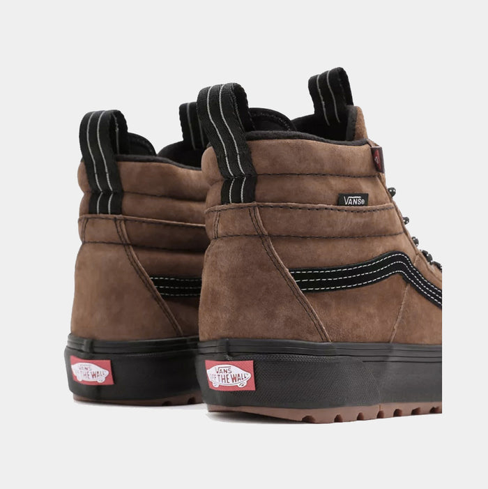 Vans Sk8-Hi MTE-2 sneakers in brown suede with black midsoles, white stitching, and heel pull tabs, back angle view.