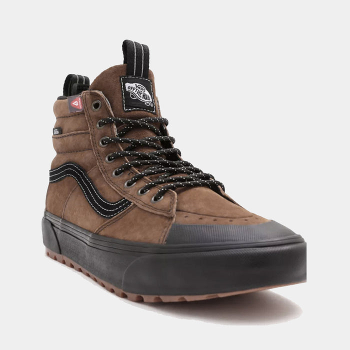 Vans Sk8-Hi MTE-2 high-top shoes in brown suede with black rubber sole, rugged laces, and water-resistant detailing, front angle view.