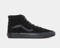 Vans Sk8-Hi Suede high-top sneakers in black with suede upper, leather side stripe, and vulcanized rubber sole, side view.