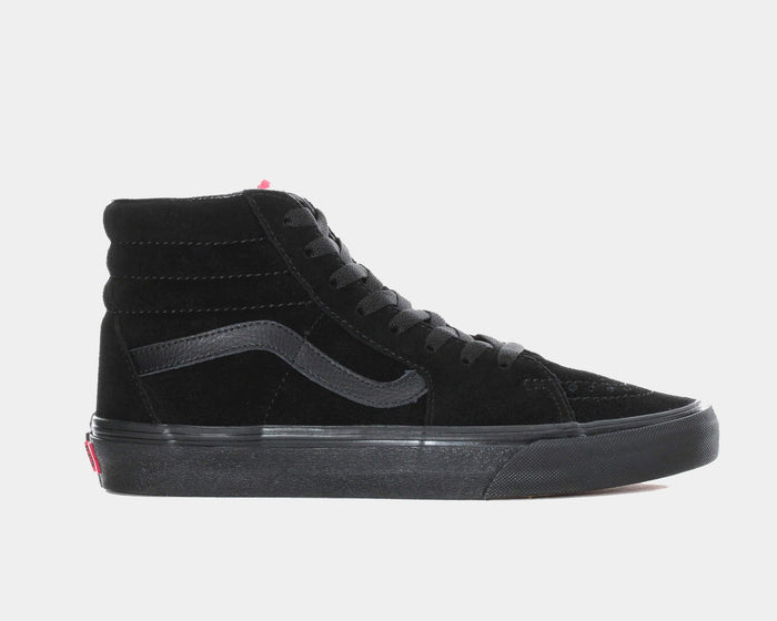 Vans Sk8-Hi Suede high-top sneakers in black with suede upper, leather side stripe, and vulcanized rubber sole, side view.