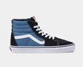 Vans Sk8-Hi sneakers in black and blue with white signature side stripe, high-top design, and white rubber sole, side view.