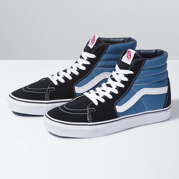 Vans Sk8-Hi sneakers, black suede and blue canvas with white signature stripe and laces, side angled view