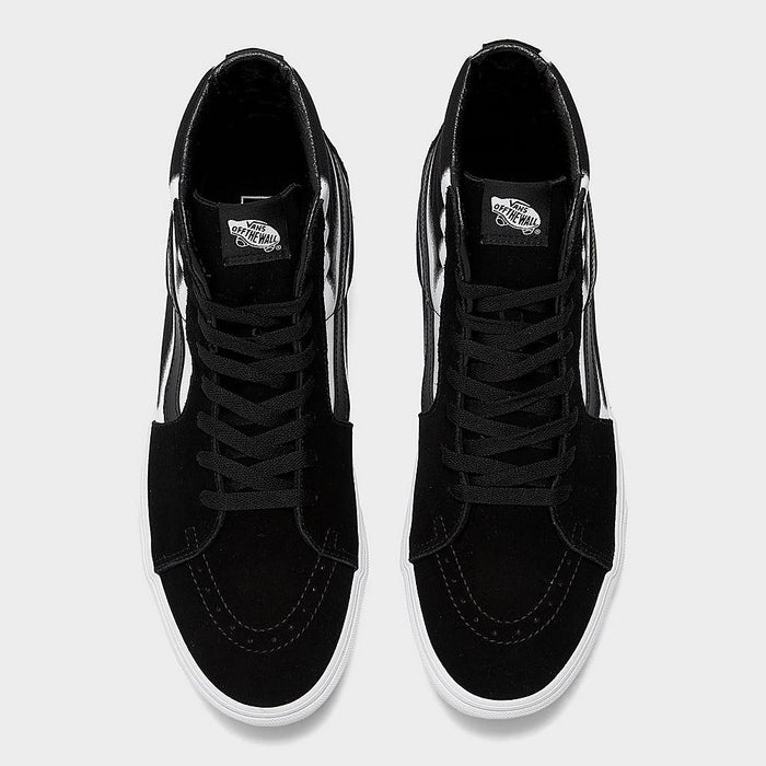Vans Sk8-Hi sneakers, black suede and canvas upper with white sidestripes and rubber outsole, top view showing lace-up closure