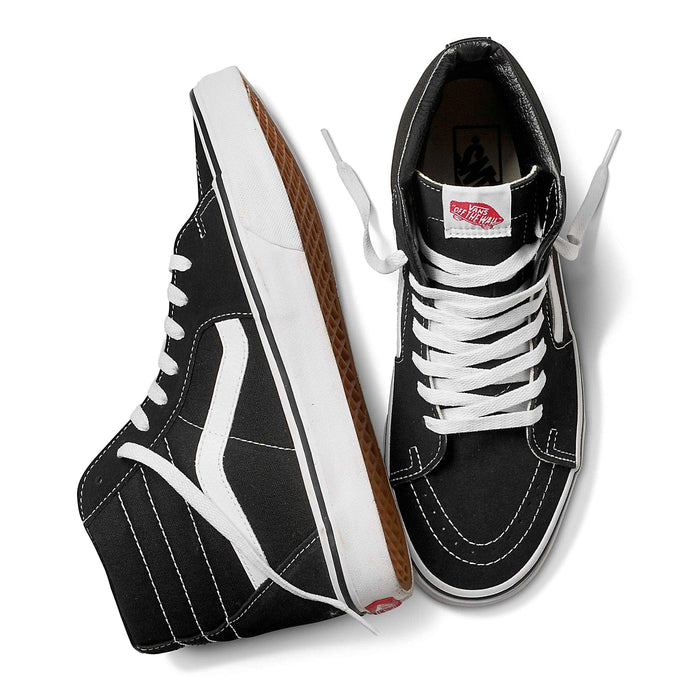 Vans Sk8-Hi high-top sneakers in black canvas with white leather side stripe, contrast stitching, and white laces, top and side view.