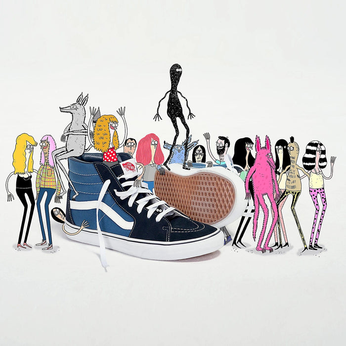 Vans Sk8-Hi high-top sneakers in navy blue and white with padded collar and waffle outsole, angled side and sole view with artistic background.