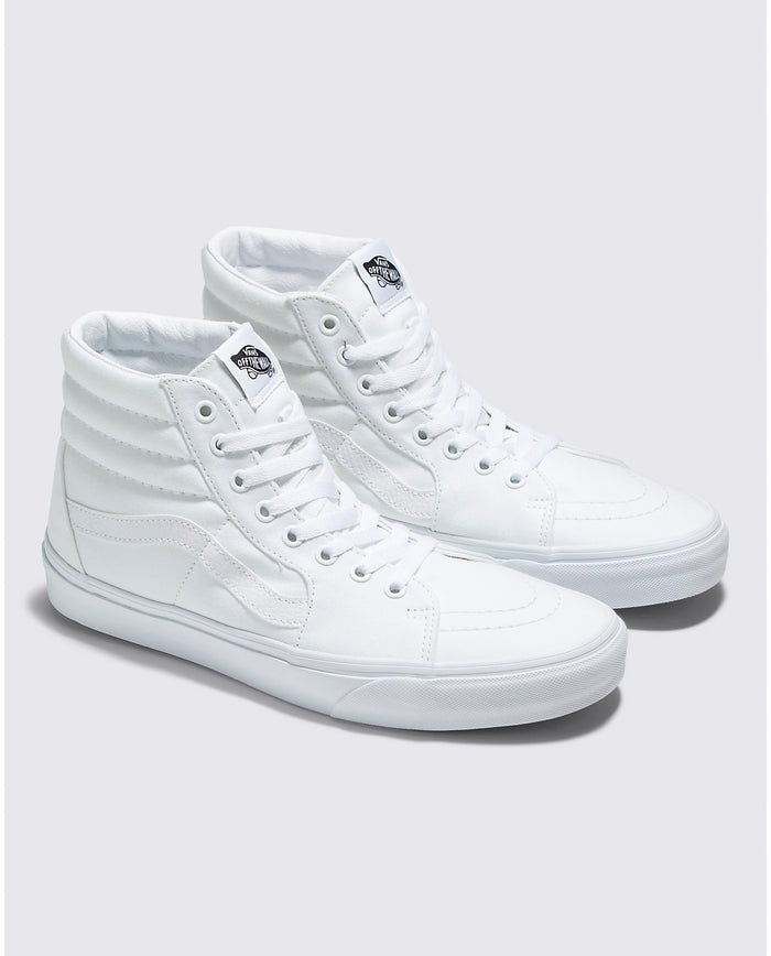 Vans Sk8-Hi high-top sneakers in solid white with canvas upper, lace-up closure, and padded collar, angled front view.
