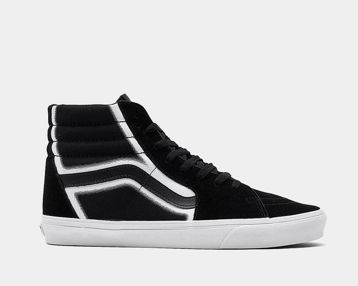 Vans Sk8-Hi sneakers in black suede with white side stripe detail and padded high-top collar, side view.