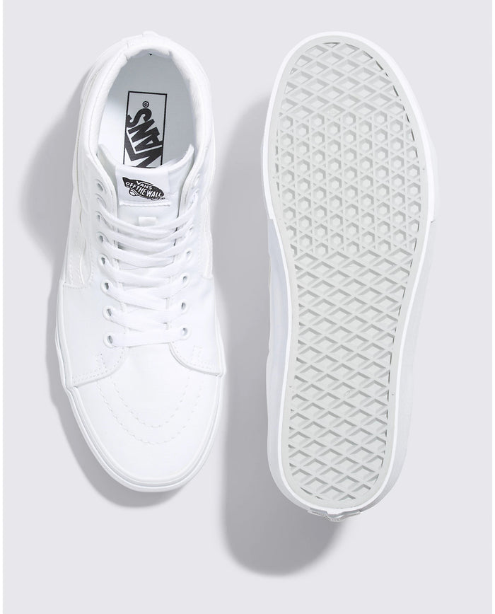 Vans Sk8-Hi high-top sneakers in white canvas and leather with lace-up closure, top and sole views showing textured waffle outsole.
