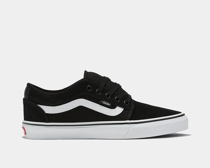 Vans Skate Chukka Low Sidestripe Core skate shoes in black with white sidestripe, canvas upper, and vulcanized sole, side view.