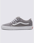 Vans Skate Chukka Low Sidestripe shoes in gray suede and canvas with white leather sidestripe and white rubber sole, side view.