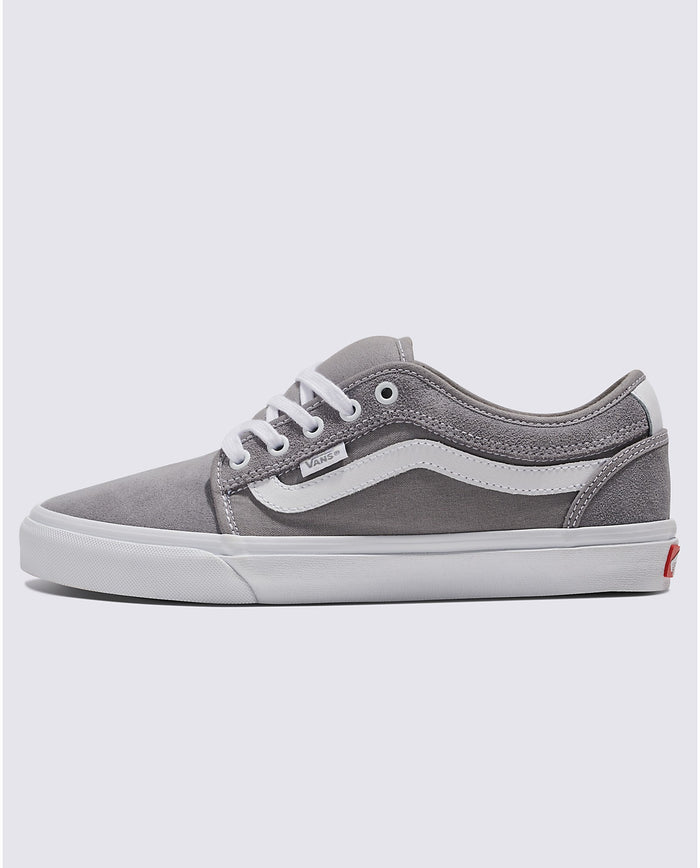 Vans Skate Chukka Low Sidestripe shoes in gray suede and canvas with white leather sidestripe and white rubber sole, side view.