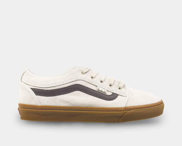 Vans Skate Chukka Low Sidestripe sneakers in off-white suede with black sidestripe and gum rubber sole, side view.