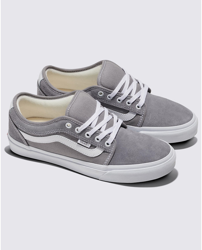 Vans Skate Chukka Low Sidestripe skate shoes in gray suede with white leather sidestripe and laces, angled front view.