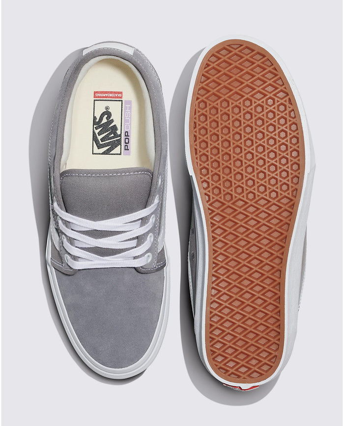 Vans Skate Chukka Low Sidestripe skate shoes in gray with white laces, PopCush insoles, and gum rubber waffle outsole, top and sole views.